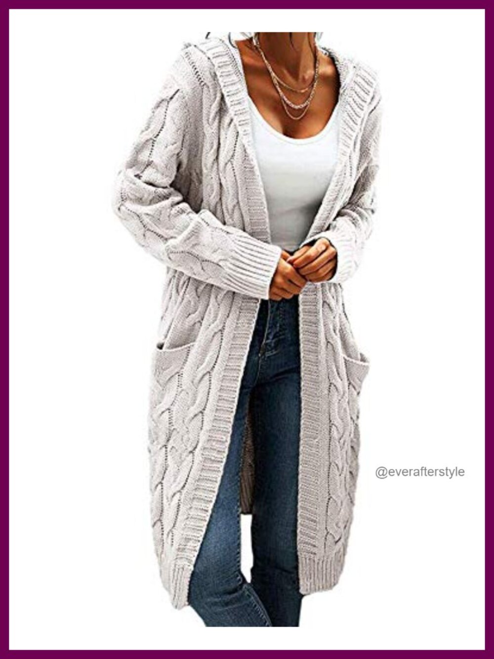 Cable Knit Long Sleeve Hooded Cardigan Open Front Loose Sweater with Pockets